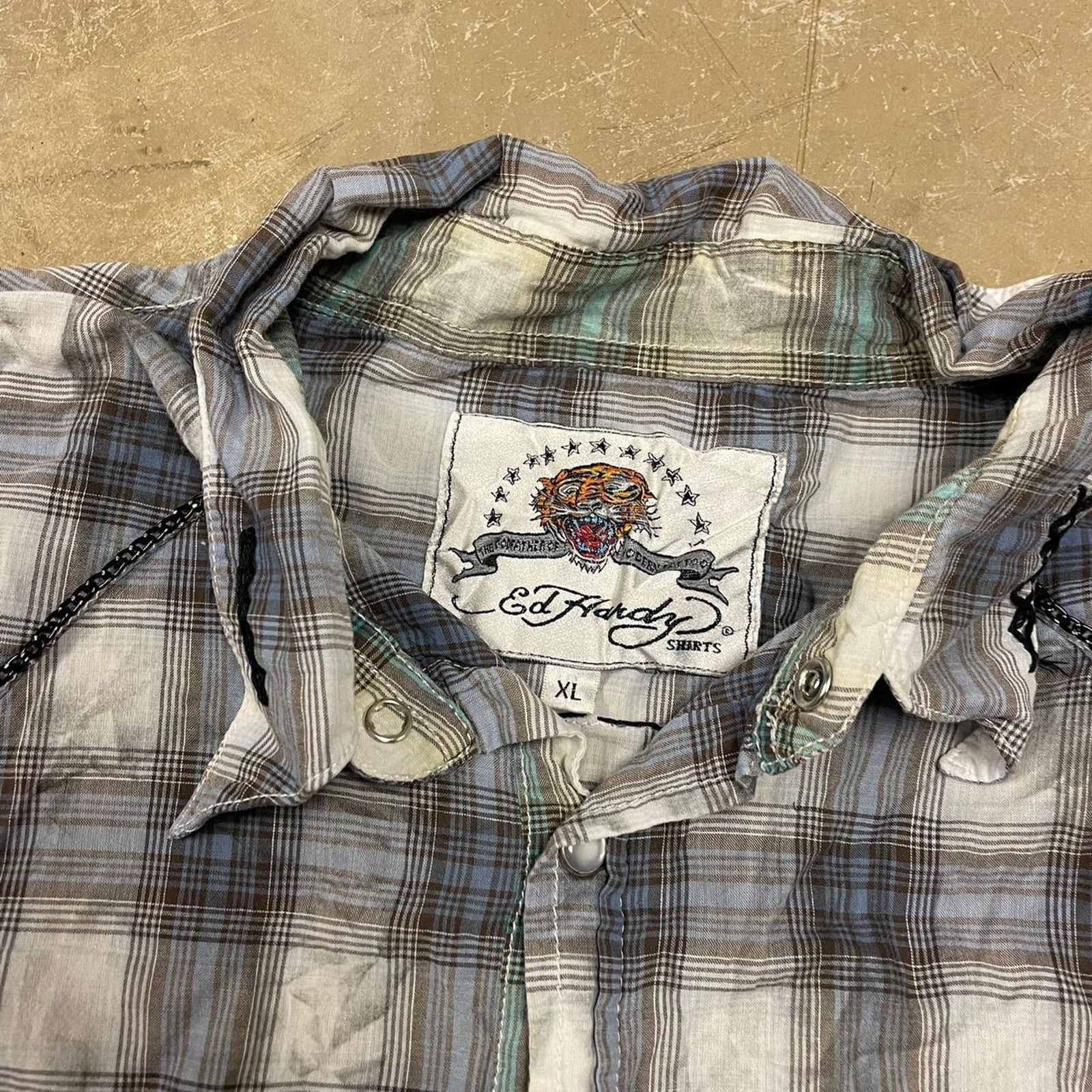 Ed Hardy Y2K Ed Hardy grey and blue plaid button up shirt Size US XL / EU 56 / 4 - 3 Thumbnail