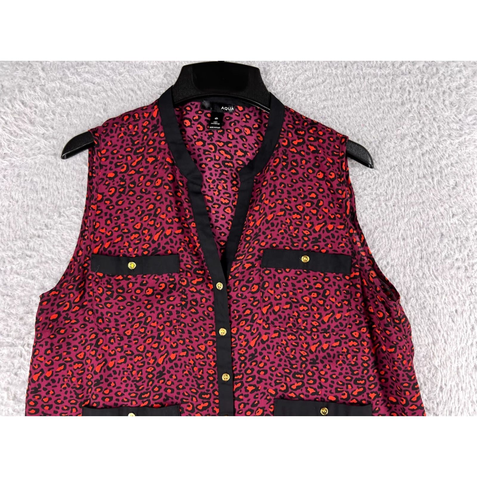 AQUA Aqua Purple Shirt Womens M Blouse Leopard Print Button V-Neck Sleeveless Knit Polyester Animal Print Casual Blouse Womens Size M / US 6-8 / IT 42-44 - 4 Thumbnail