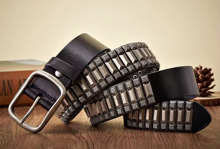 Genuine Leather × Leather Real Leather Heavy Metal Rivet Motorcycle Rock Belt Size ONE SIZE - 3 Thumbnail
