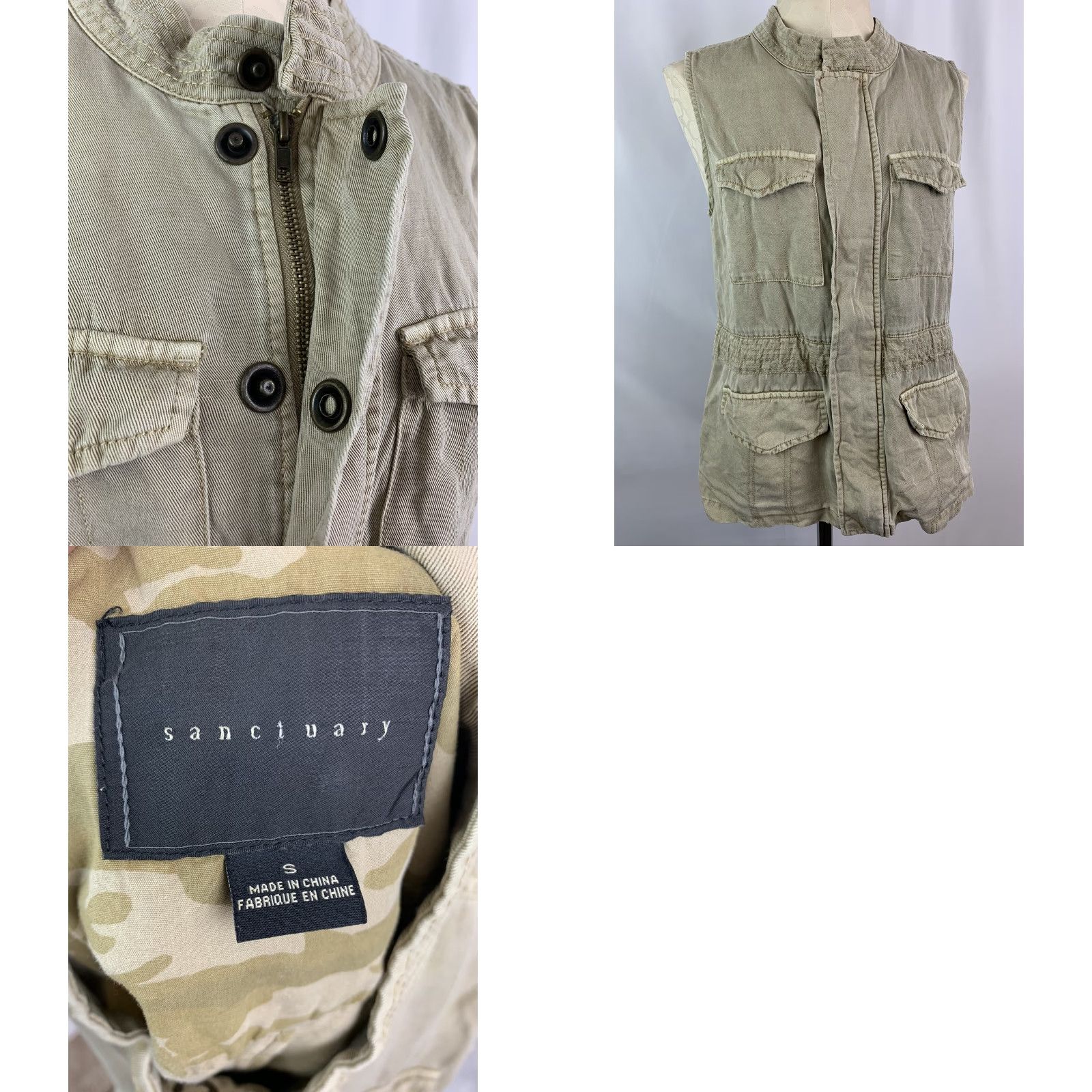 Sanctuary VINTAGE Sanctuary Vest Women's Small Sleeveless Zip Front Cargo Pockets Khaki Tan Linen Blend Beige 65% tencel 35% linen Size S / US 4 / IT 40 - 8 Thumbnail