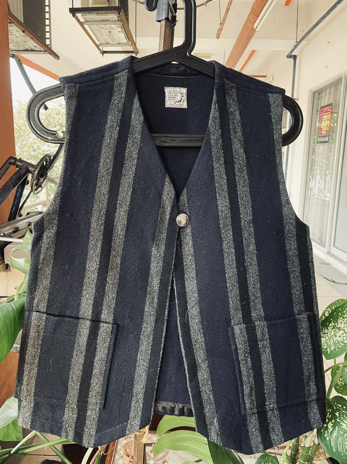 image of Orslow Wool Vest Chimayo Navajo Style Silver Concho Button in Blue, Men's (Size Small)