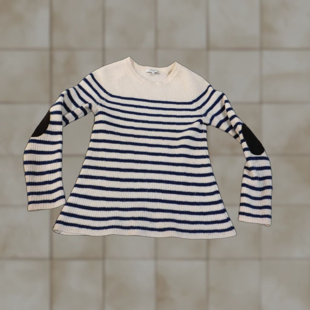Madewell Madewell sweater Small Womens pullover beige knit stripe striped elbow patch open-knit round neck raglan sleeve logo stretch pull over Size S / US 4 / IT 40 - 1 Thumbnail