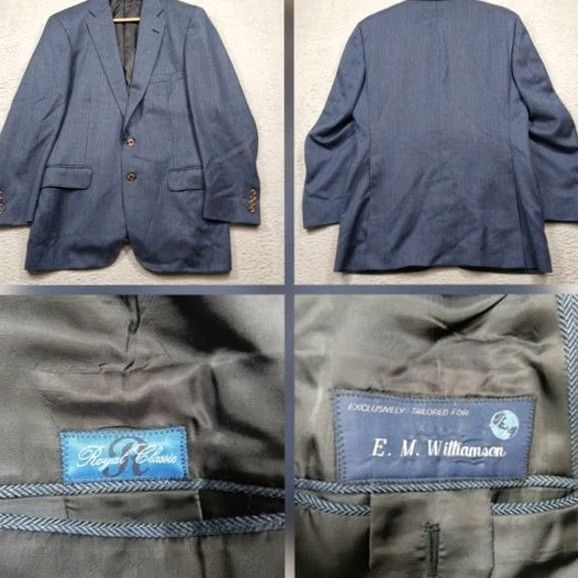 Vintage Royal Classic Men's 44R Blue Herringbone Wool Two Button Blazer Size 44R - 2 Thumbnail