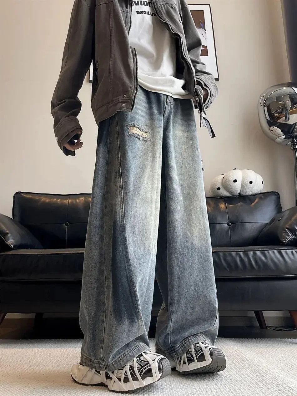 Japanese Brand Retro loose washed wide leg ripped jeans Size US 32 / EU 48 - 3 Thumbnail