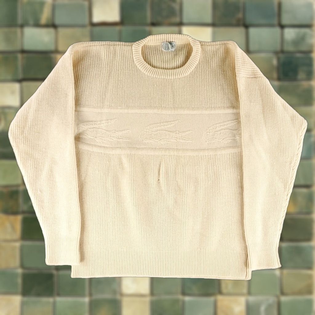 Izod VINTAGE Izod Lacoste VTG 80s Big Knit Alligator 100% Wool Sweater Cream Mens L RARE Mens L Ivory Pullover Moth Damage Snags Size US L / EU 52-54 / 3 - 1 Thumbnail