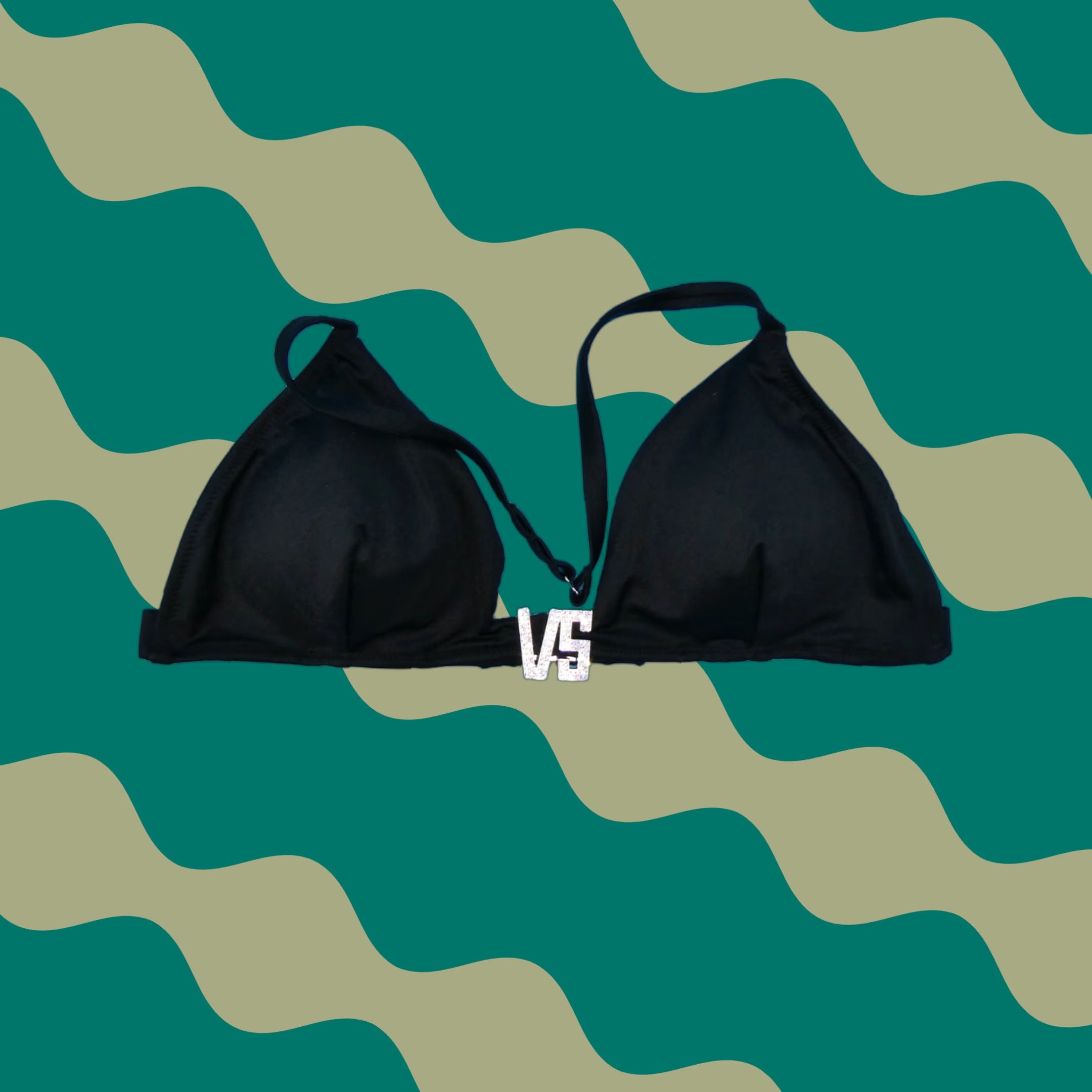 Victoria's Secret Black Medium Triangle Bikini Top Padded Bling VS Logo New Womens Swimsuit Top M Black C Cup VS Logo 90s?