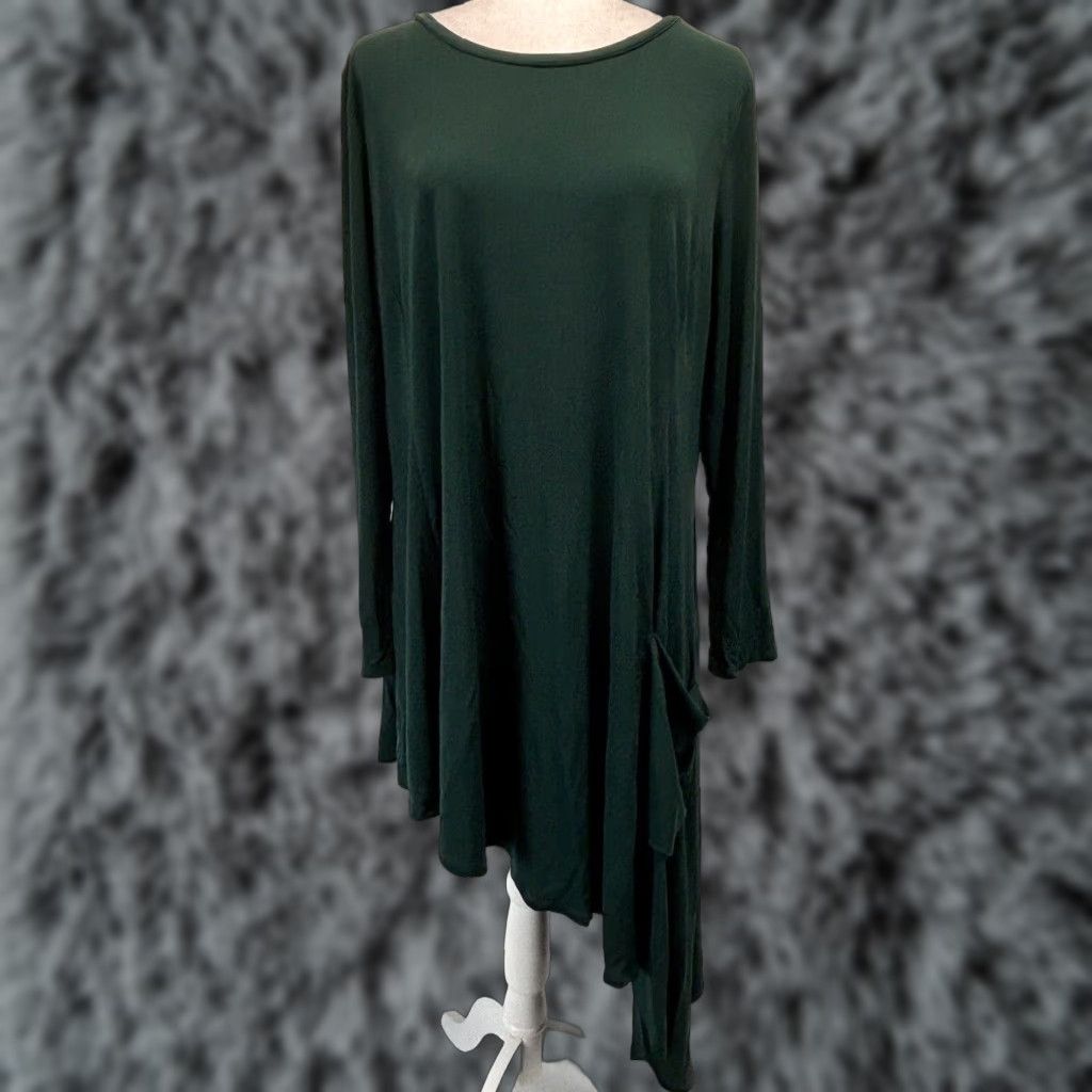 Vintage VINTAGE IC by Connie K Tunic Shirt 1X Plus Dark Green Lagenlook Asymmetric Hem Womens Size XL / US 12-14 / IT 48-50 - 1 Thumbnail