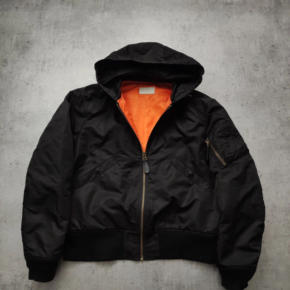 Sandro Paris Black Sleeve Pocket Hooded Bomber Jacket