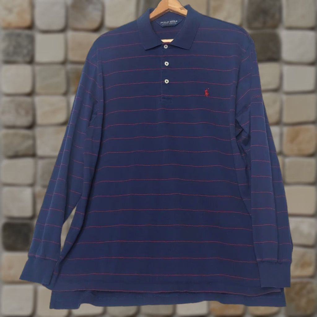 Ralph Lauren VINTAGE Ralph Lauren Polo Golf Shirt Large Long Sleeve Striped Blue Maroon Hidden Creek Mens Size US L / EU 52-54 / 3 - 1 Thumbnail