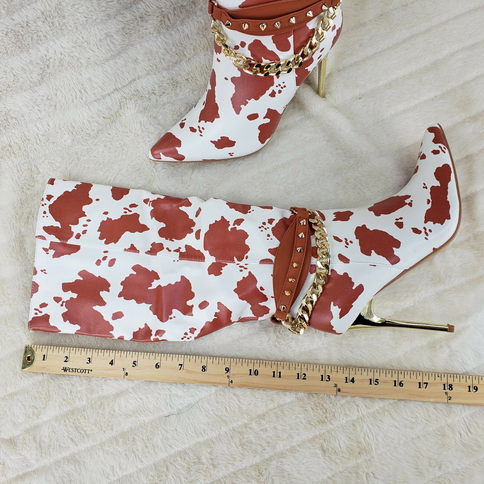Other Eva Tan & White Cow Print Leatherette Gold Tone High Heel & Size US 8 / IT 38 - 8 Thumbnail