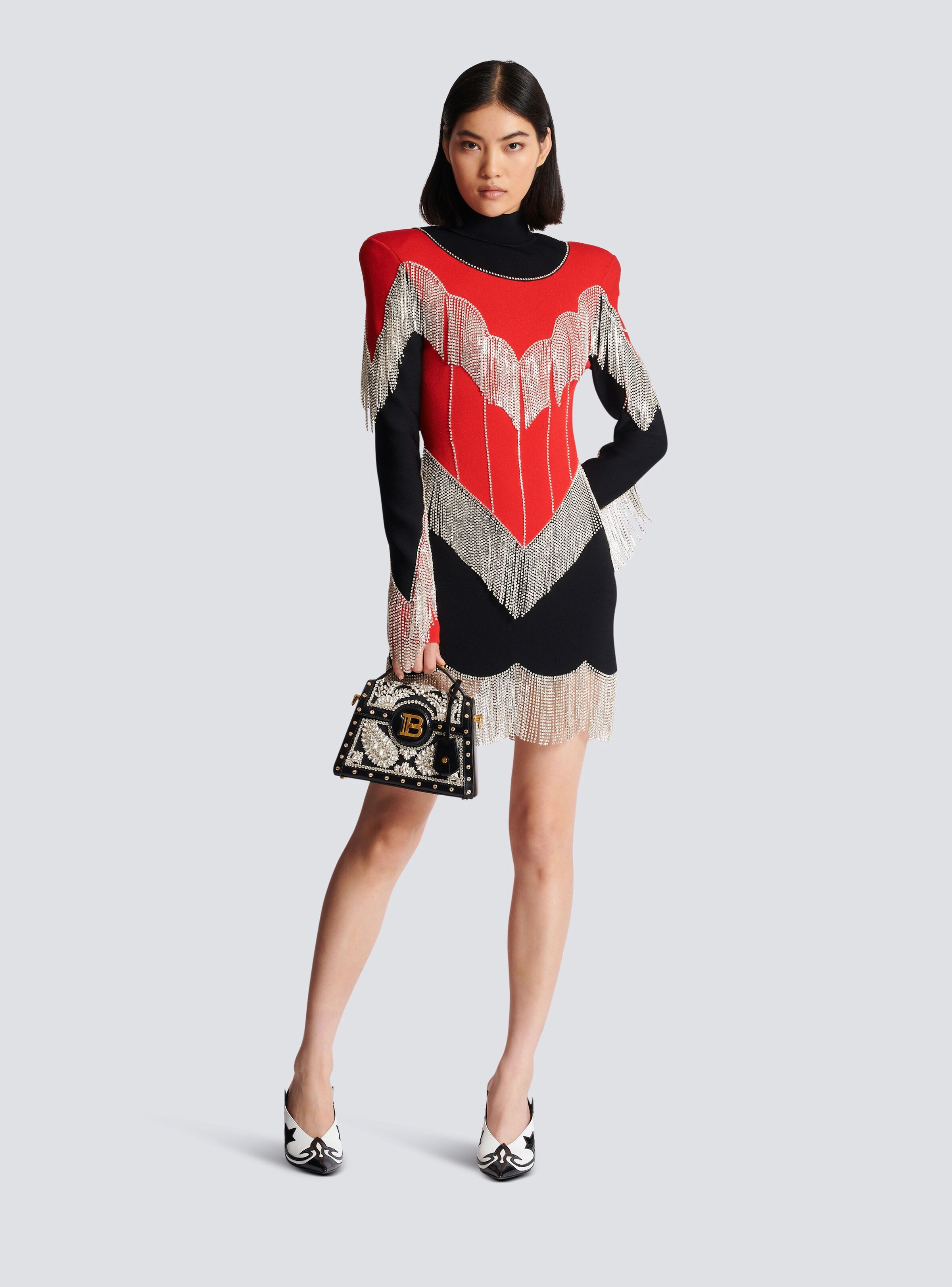Balmain o1s1wg110825 Fringed Knit Dress in Black/Red Size XL / US 12-14 / IT 48-50 - 2 Thumbnail