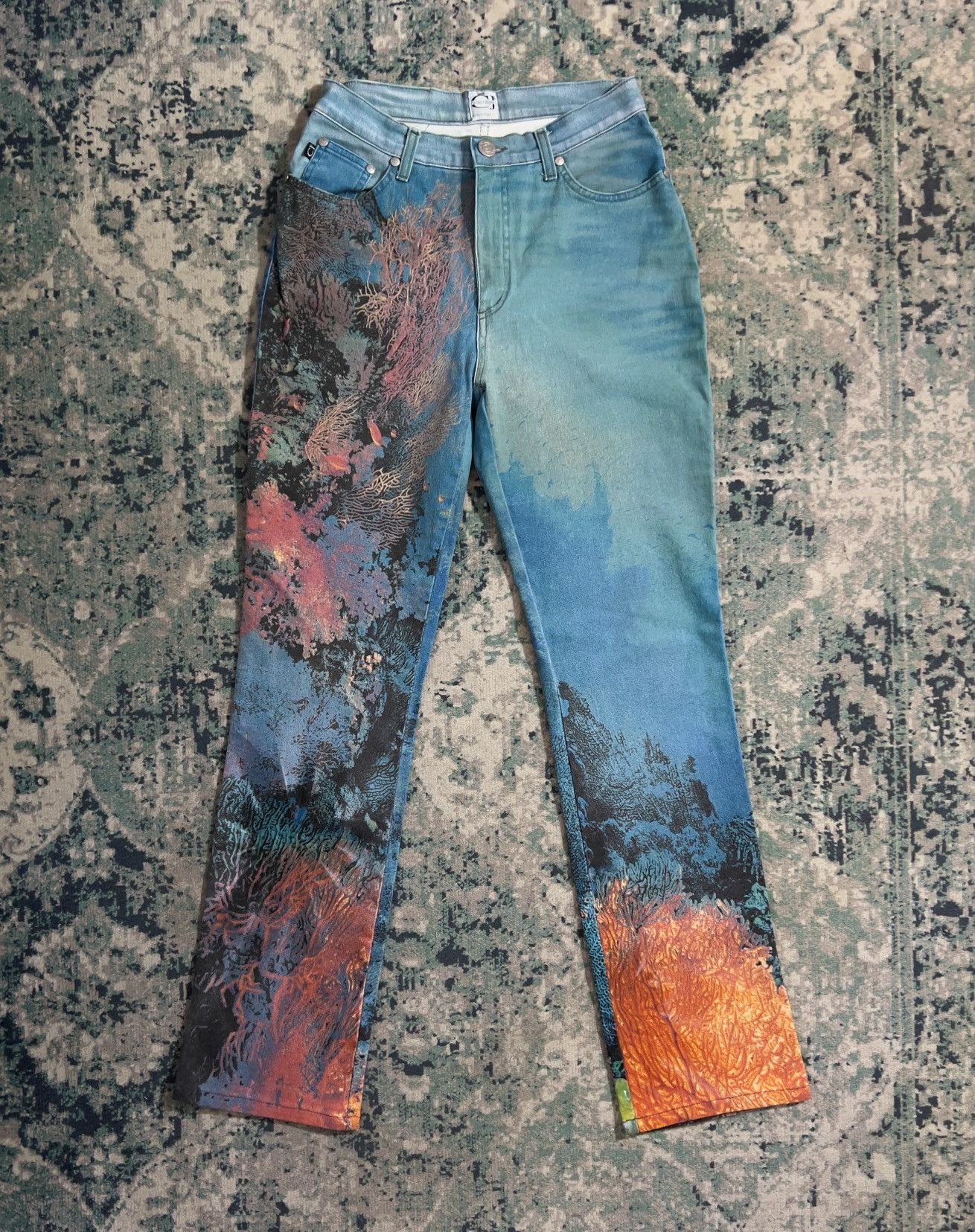 Image of Roberto Cavalli Just 1999 Coral Printed Jeans Size 30 in Blue, Men's