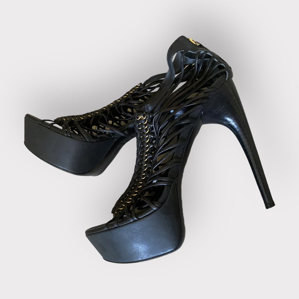 Alexander McQueen strappy platform black leather w/gold tone stiletto heels Size US 9 / IT 39 - 10 Thumbnail