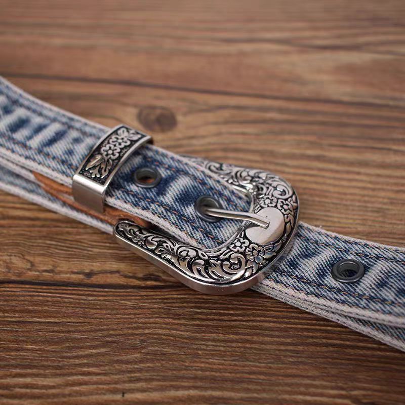 Japanese Brand × Vintage 47 Inch Vintage Pin Buckle Textured Design Denim Belt Size ONE SIZE - 4 Thumbnail