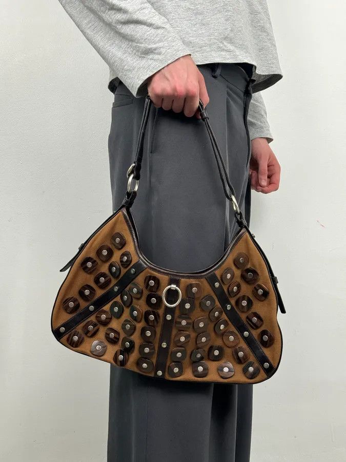 Yves Saint Laurent Yves Saint Laurent Brown Leather Wood Studded Shoulder Bag Size ONE SIZE - 2 Thumbnail