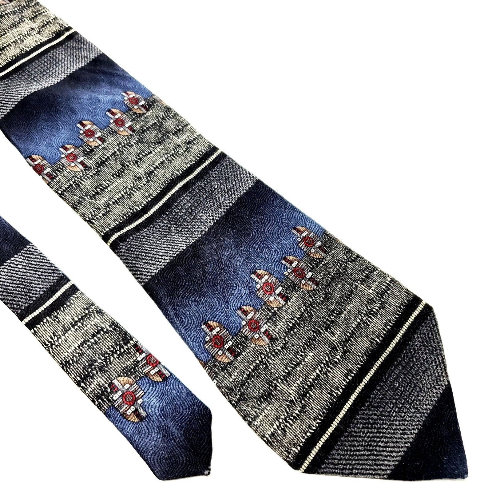 Designer Chez Roffe Silk Tie Print Gray Blue Wide Size ONE SIZE - 1 Thumbnail