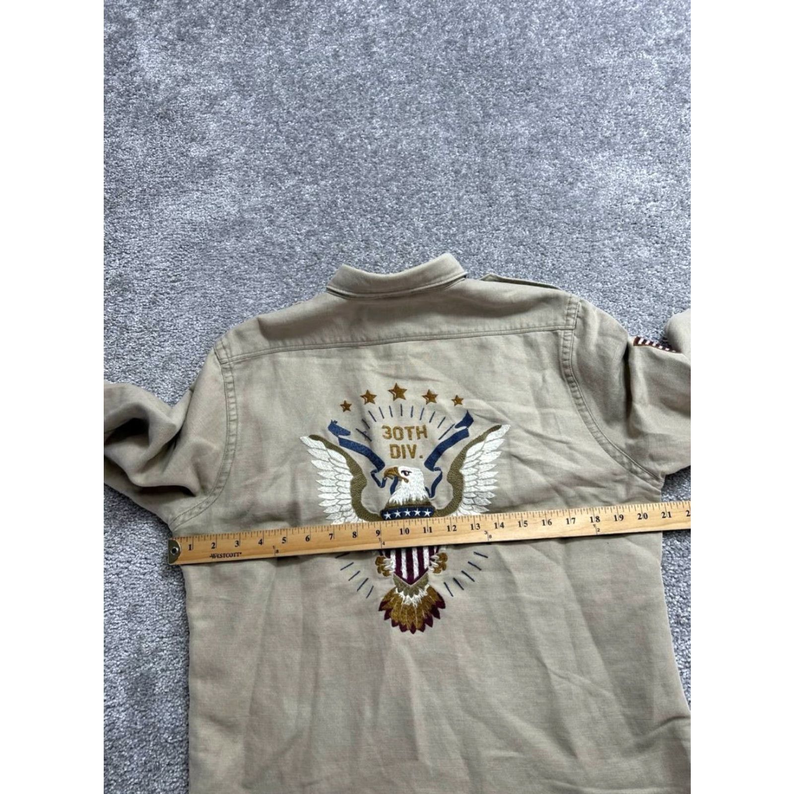 Express Express Military Shirt Mens M Beig e Linen 30th Division Eagle Embroidered Shirt Size US M / EU 48-50 / 2 - 5 Thumbnail