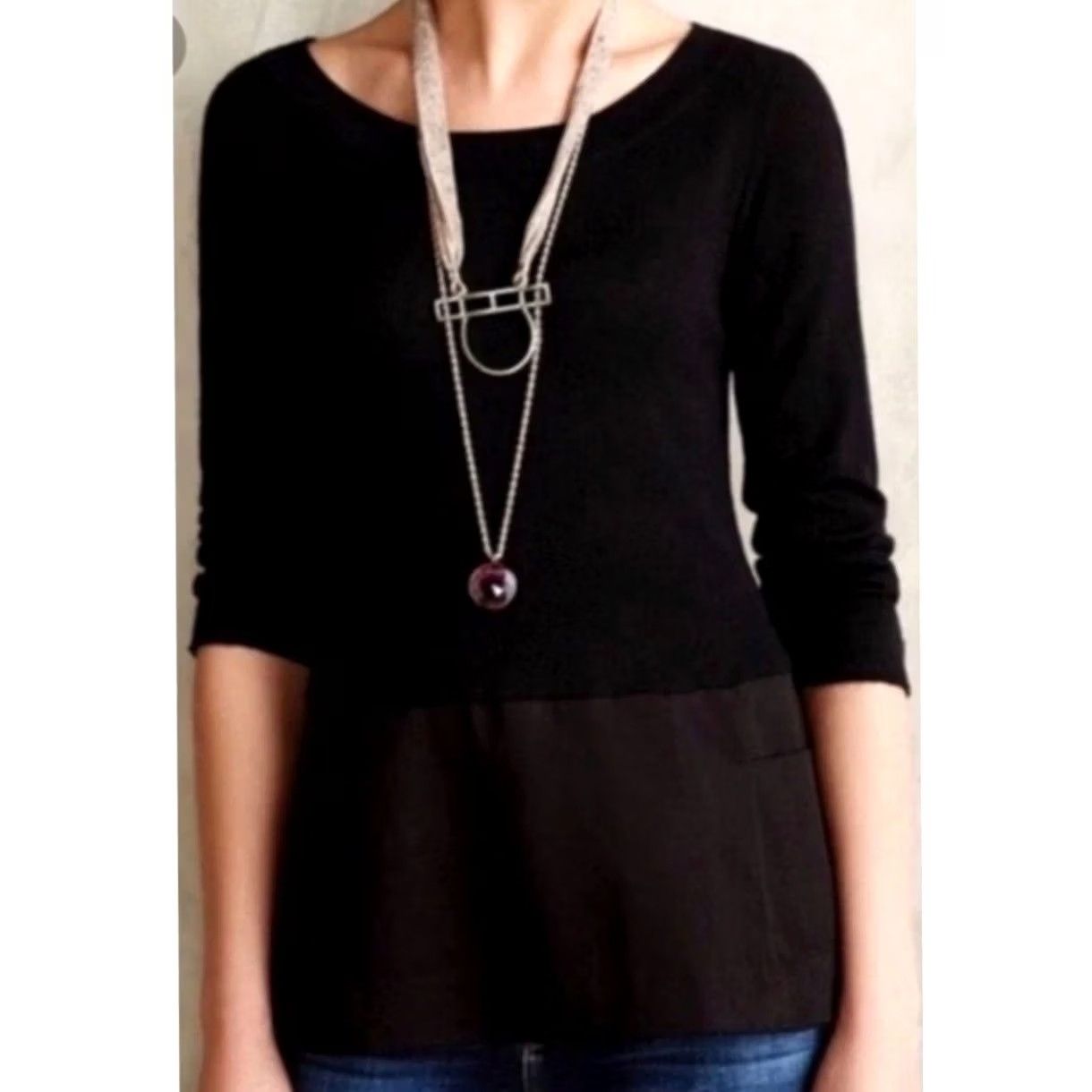 Anthropologie VINTAGE Moth Tunic Sweater Black 3/4 Sleeve Sz S Women Knit Pullover Minimalist Peplum Casual Fall Winter Spring Women Size S / US 4 / IT 40 - 2 Thumbnail