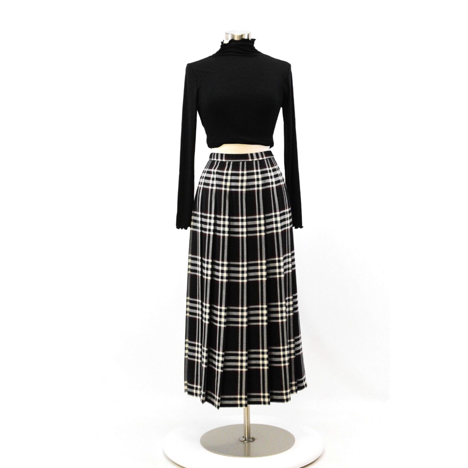 image of Late 90's Vintage Pendleton Plaid Wool Skirt Size 8 Pleated Skirt Black White Red, Women's