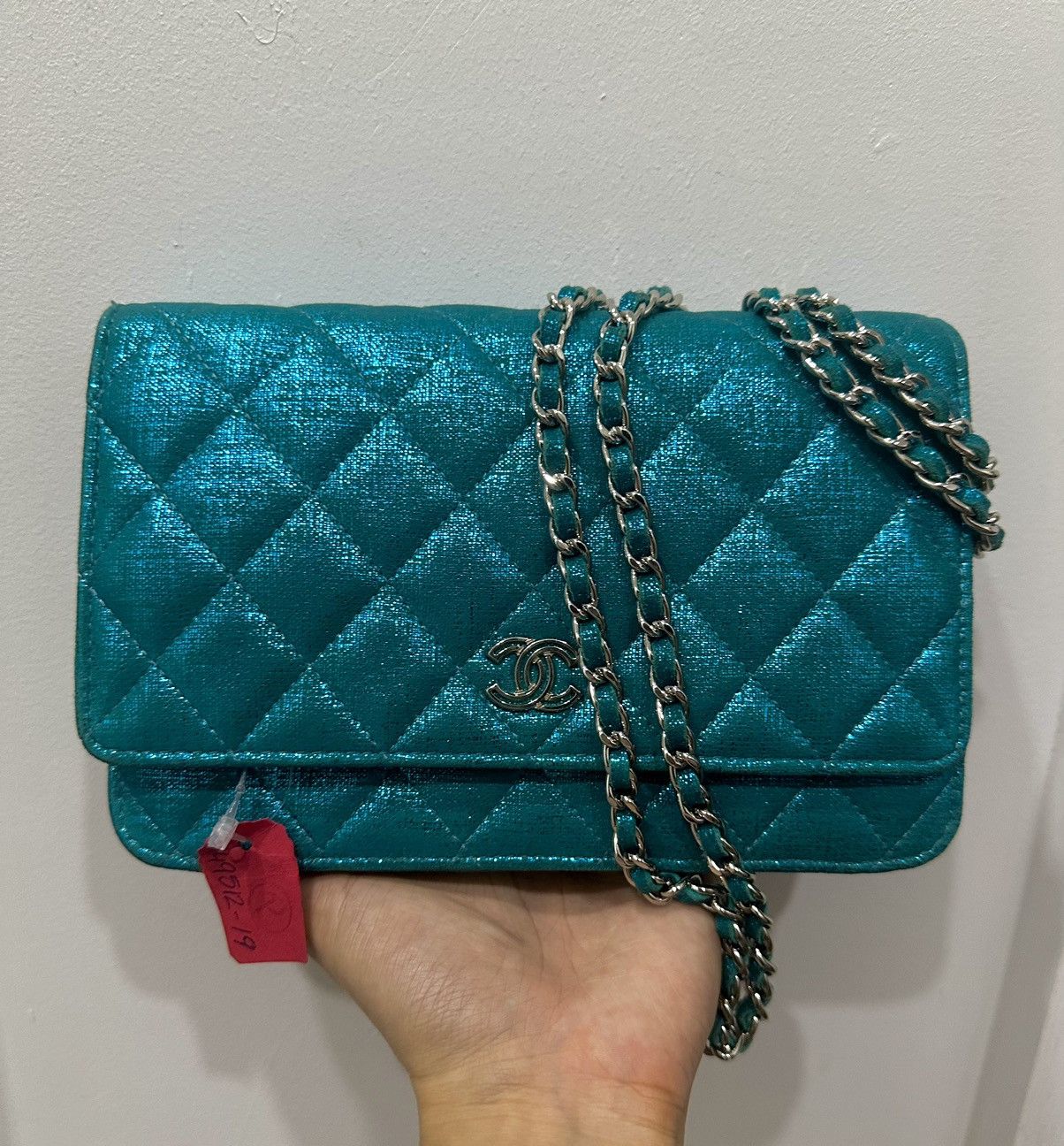 image of Chanel Woc Flap Bag In Turquoise Metallic Canvas Fabric in Turquoise Blue, Women's
