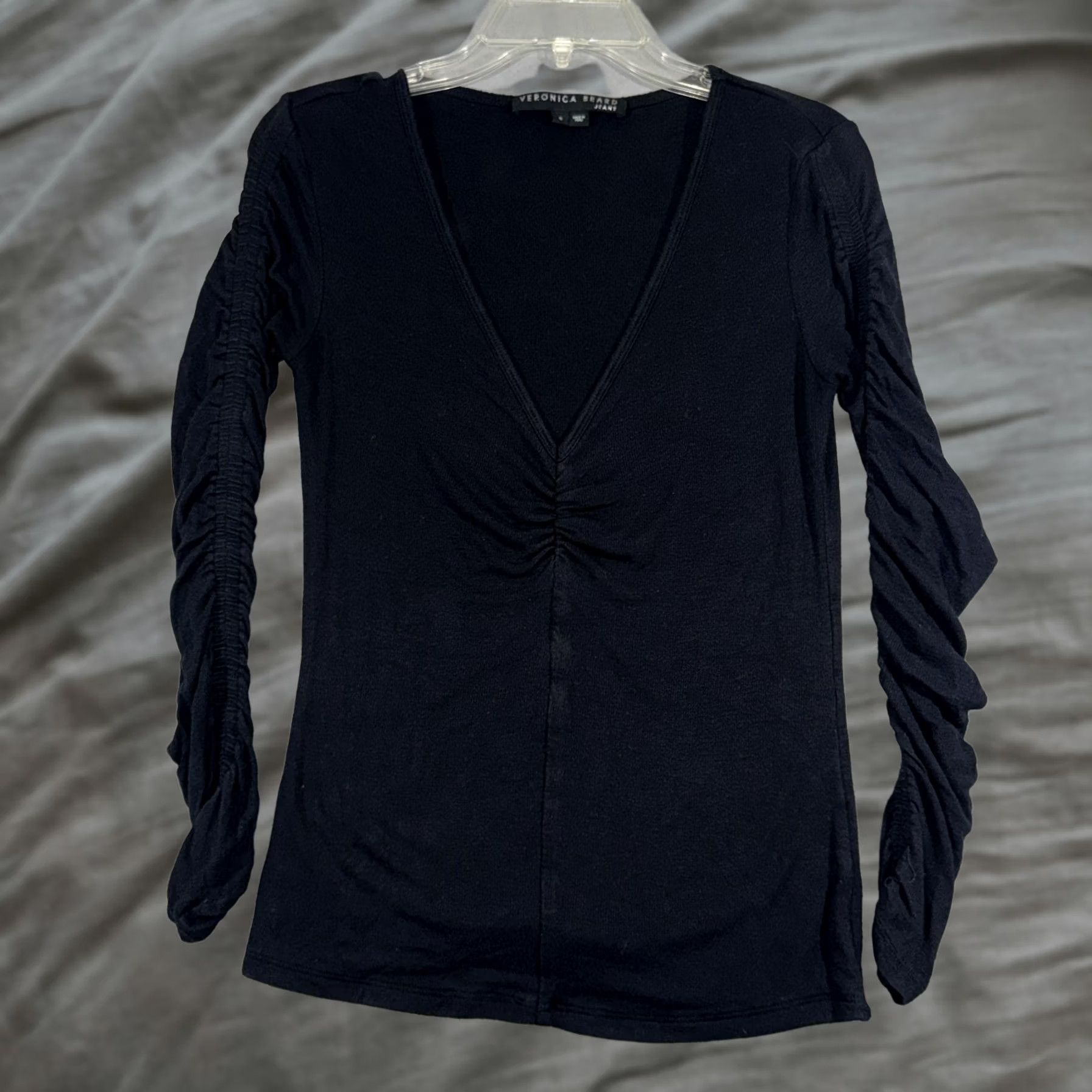Vintage Veronica Beard Jeans Shirt Womens Small Black Ruched Sleeve V-Neck Top Size S / US 4 / IT 40 - 1 Thumbnail