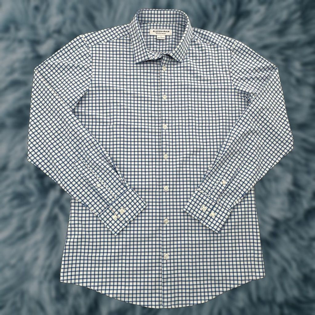 Mizzen+Main Mizzen+Main Shirt Adult Medium Trim Blue Checkered Button Up Performance Mens M Button-Up Casual Mens Blue Checkered Mizzen+Main Shirt Up Button Size US M / EU 48-50 / 2 - 1 Thumbnail