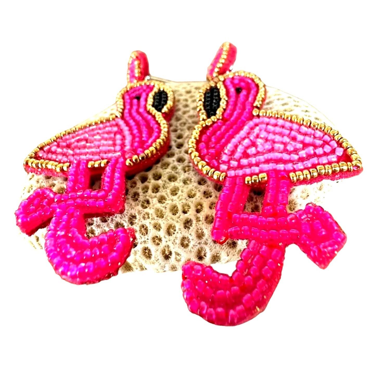 Handmade Flamingo Earrings Beaded Dangle Posts New Pink Statement Jew Size ONE SIZE - 2 Thumbnail