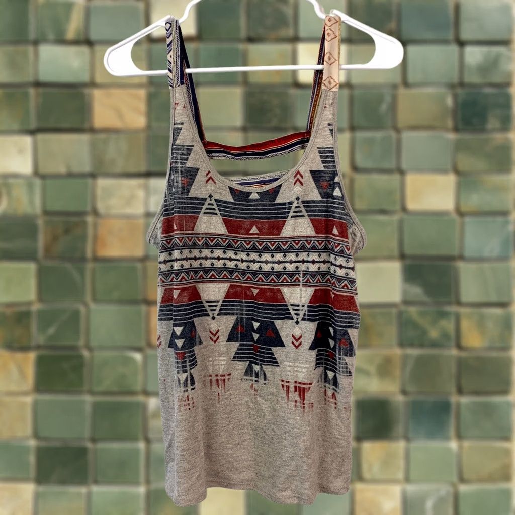 Vintage Daytrip Shirt Women's M Tank Top Bohemian Daytrip Tribal Print Rayon Blend Back Cut Out 2000s Y2K Grey Red Blue White Size M / US 6-8 / IT 42-44 - 1 Thumbnail