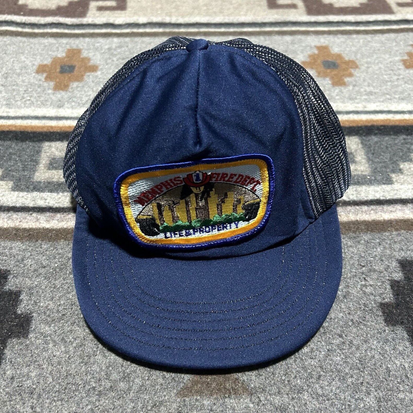 image of Department 5 Vintage Memphis Fire Department Mesh Trucker Hat 70's 80's Usa Patch Union Made in Whi