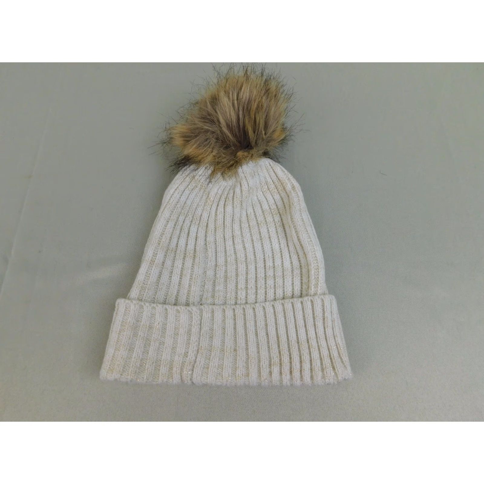 Incu INC Beanie Hat Womens Winter Knit Faux Fur Pom Pom Ivory Beige 6080 Size ONE SIZE - 2 Thumbnail