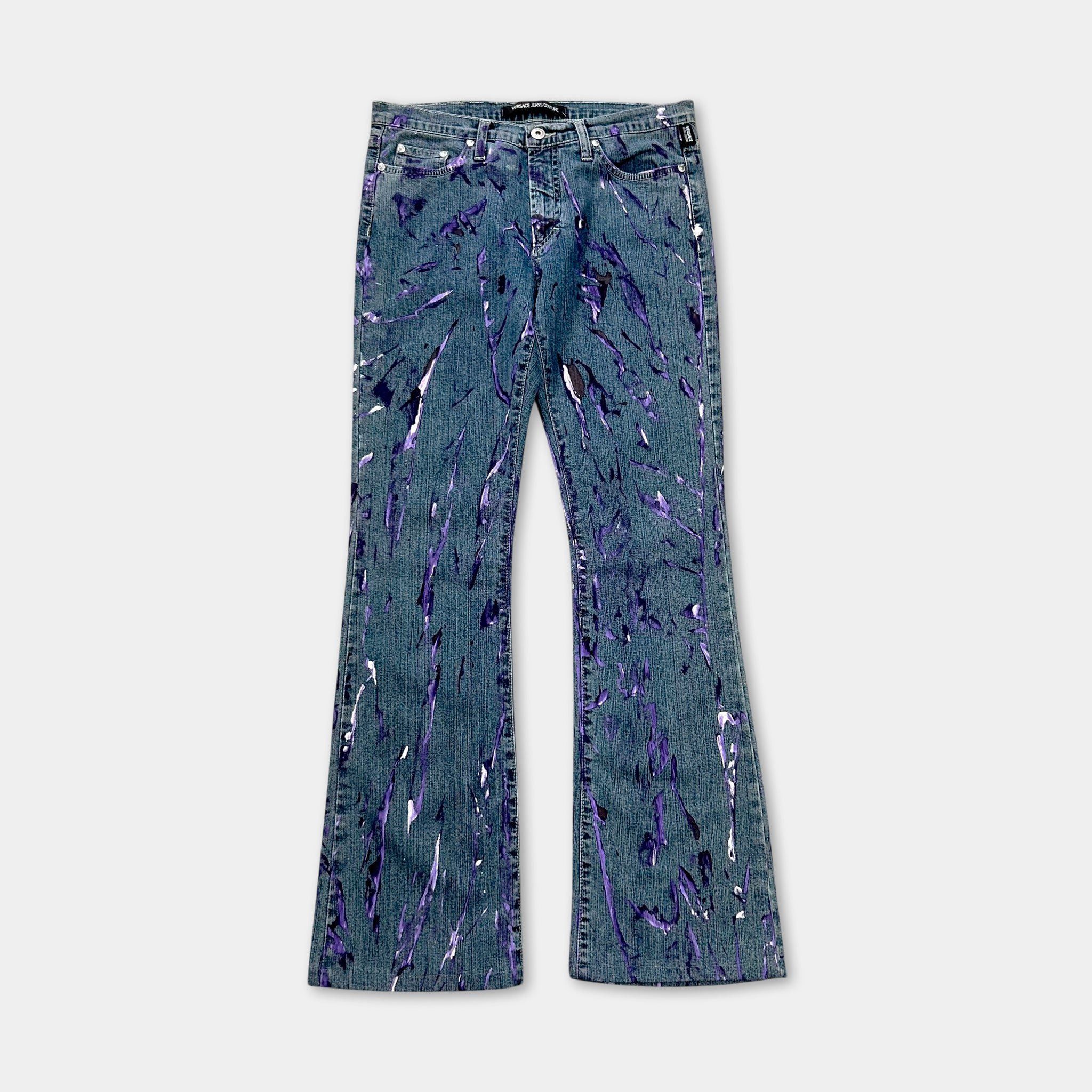 Versace Versace Jeans Couture 2000s Blue Painted Denim Flared Pants Size 27" / US 4 / IT 40 - 1 Thumbnail