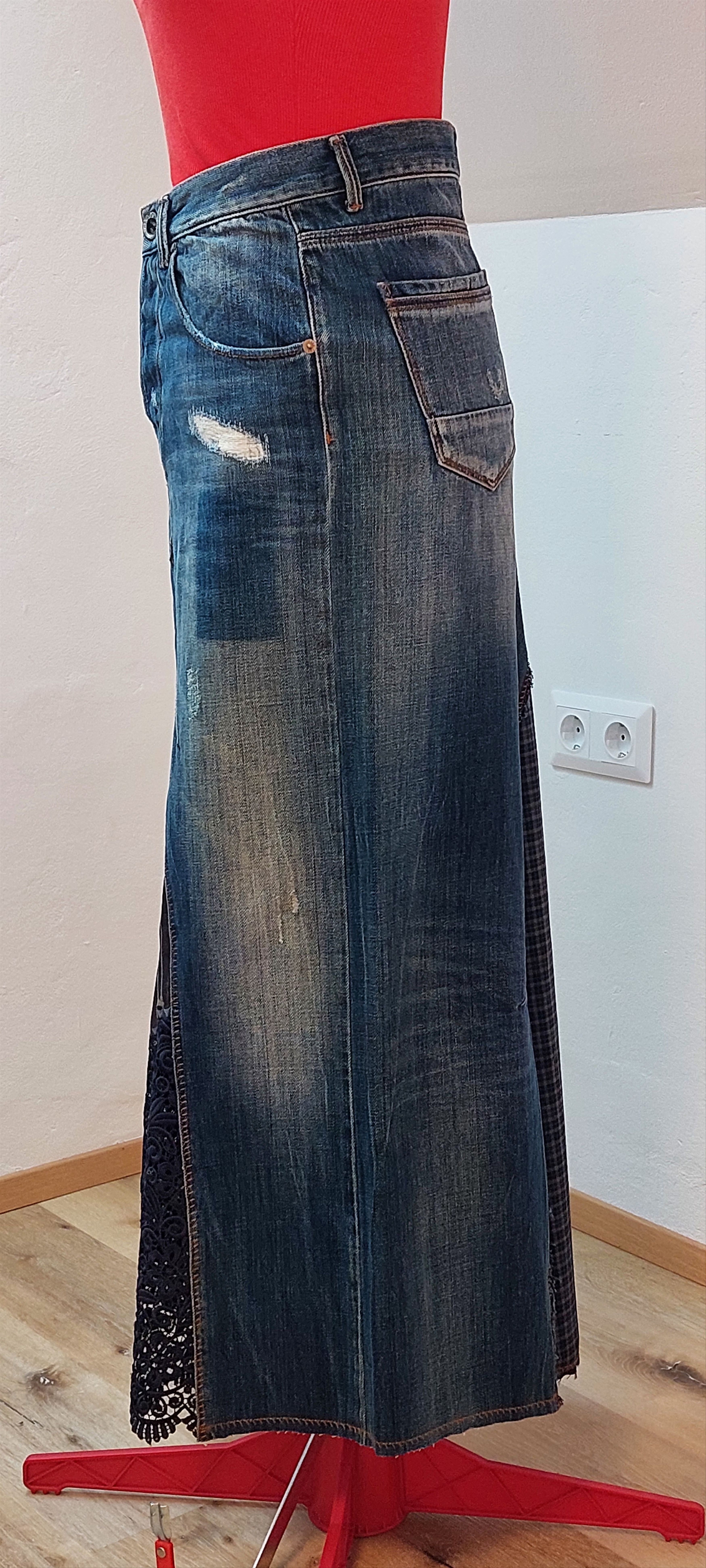 Vintage Y2K Reconstructed Denim Maxi Skirt 31" Size 31" - 9 Thumbnail