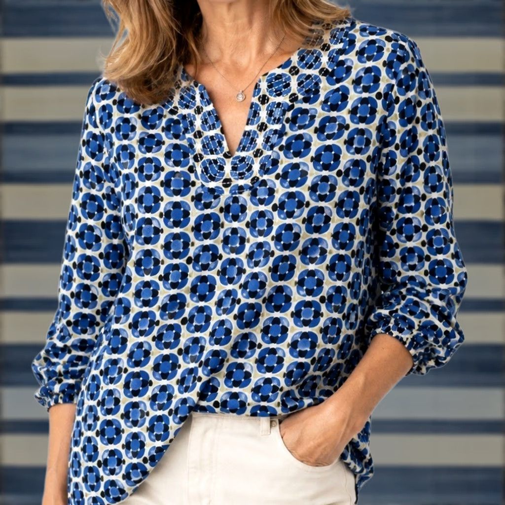 Talbots Shirt Womens L Blue White Patterned Embroidered Band Collar Popover Top, Women's