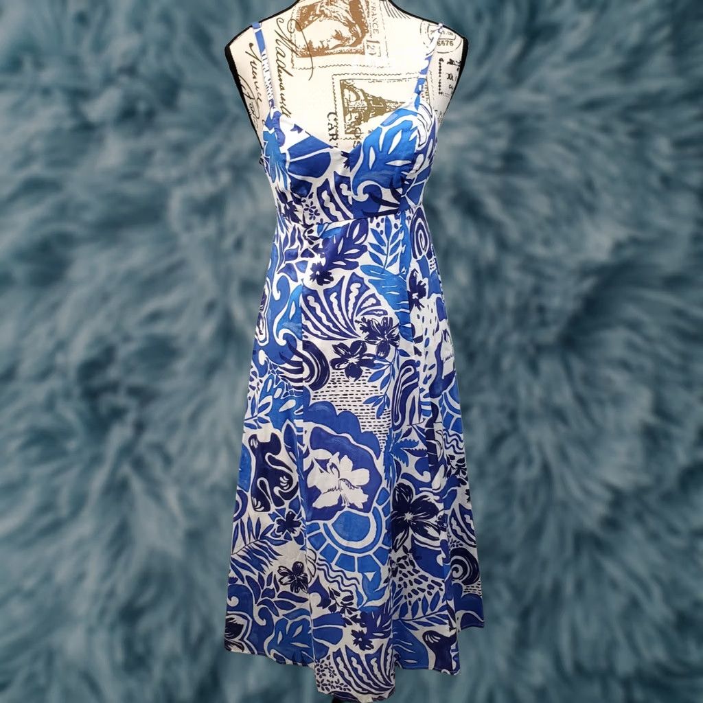 Vintage By & By Fit & Flare Dress Womens XS Blue & White Printed Sweetheart Neck Back Zip Dress Size XS / US 0-2 / IT 36-38 - 1 Thumbnail