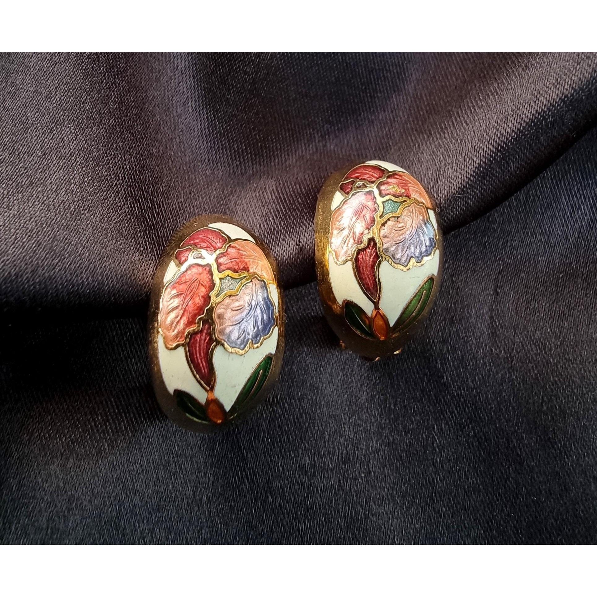 Vintage Vintage Flowers Earrings Cloisonne Clip-On Gold Tone Size ONE SIZE - 6 Thumbnail