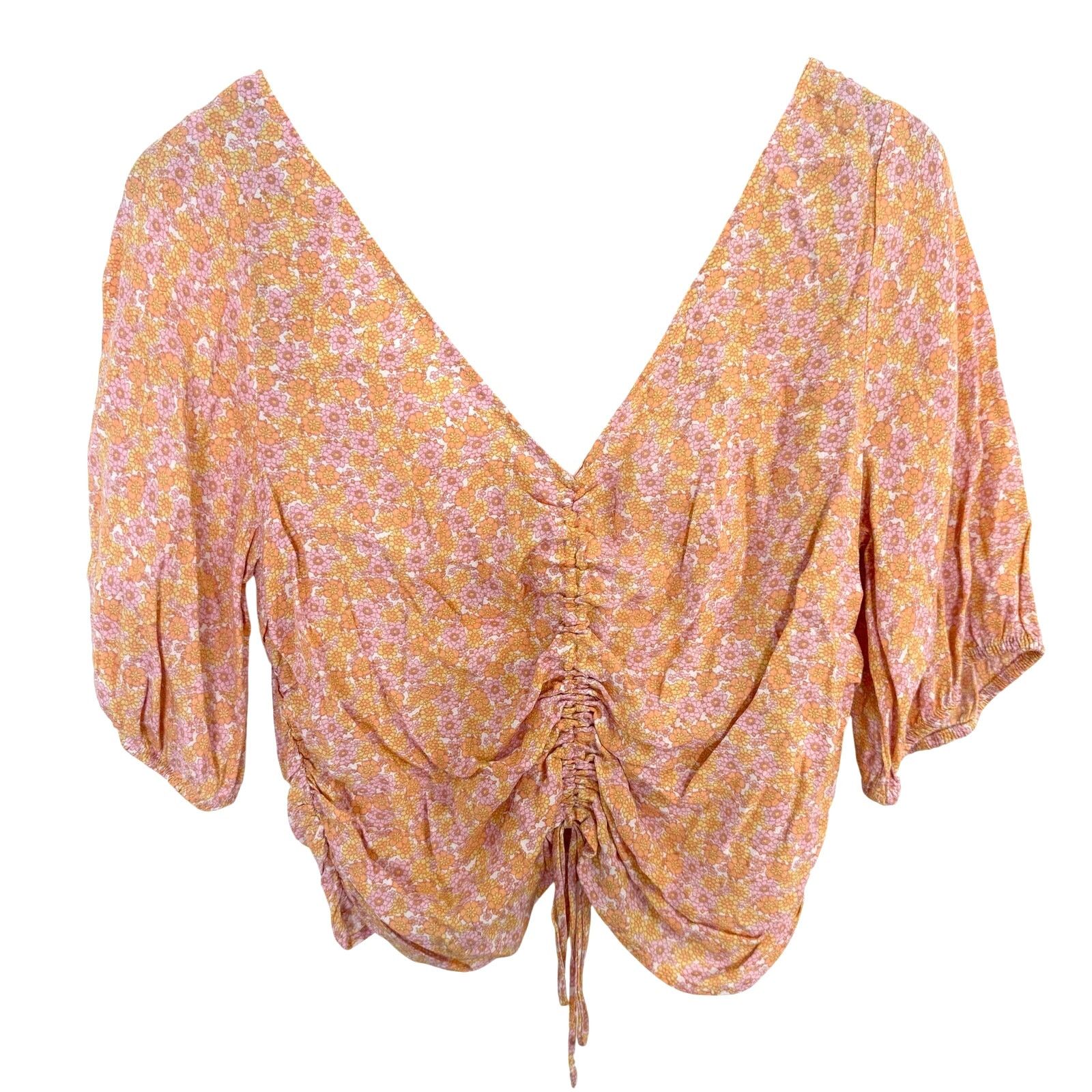 H&M H&M Orange Pink Floral V-Neck Drawstring Blouse Ruched Smock Size US L / EU 52-54 / 3 - 2 Thumbnail