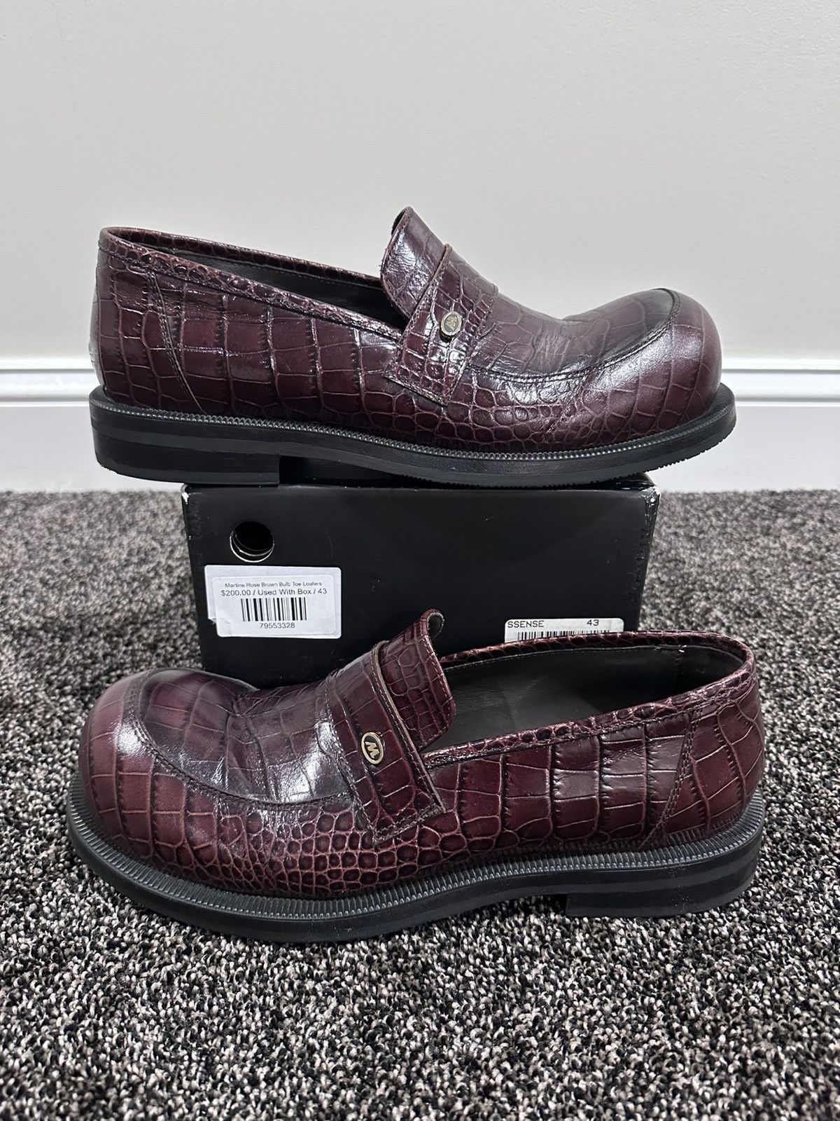 Martine Rose Brown Bulb Toe Croc Leather Loafers Shoes Martine Rose Bulb Toe Buckle Loafers in Garnet | SVD USA main image 3