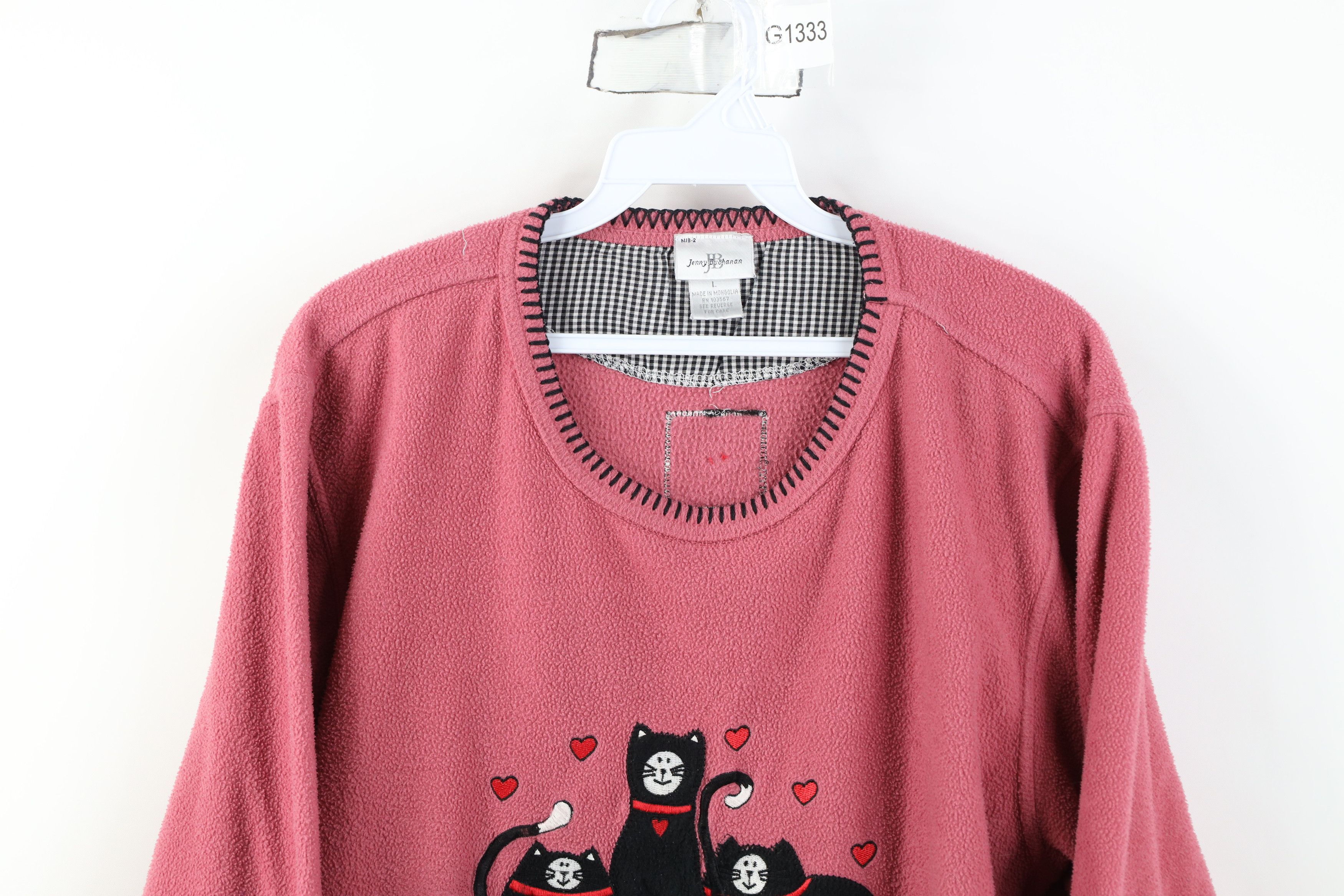 Vintage Vintage 90s Streetwear Cat Kitten Heart Fleece Sweater Pink Size L / US 10 / IT 46 - 2 Thumbnail