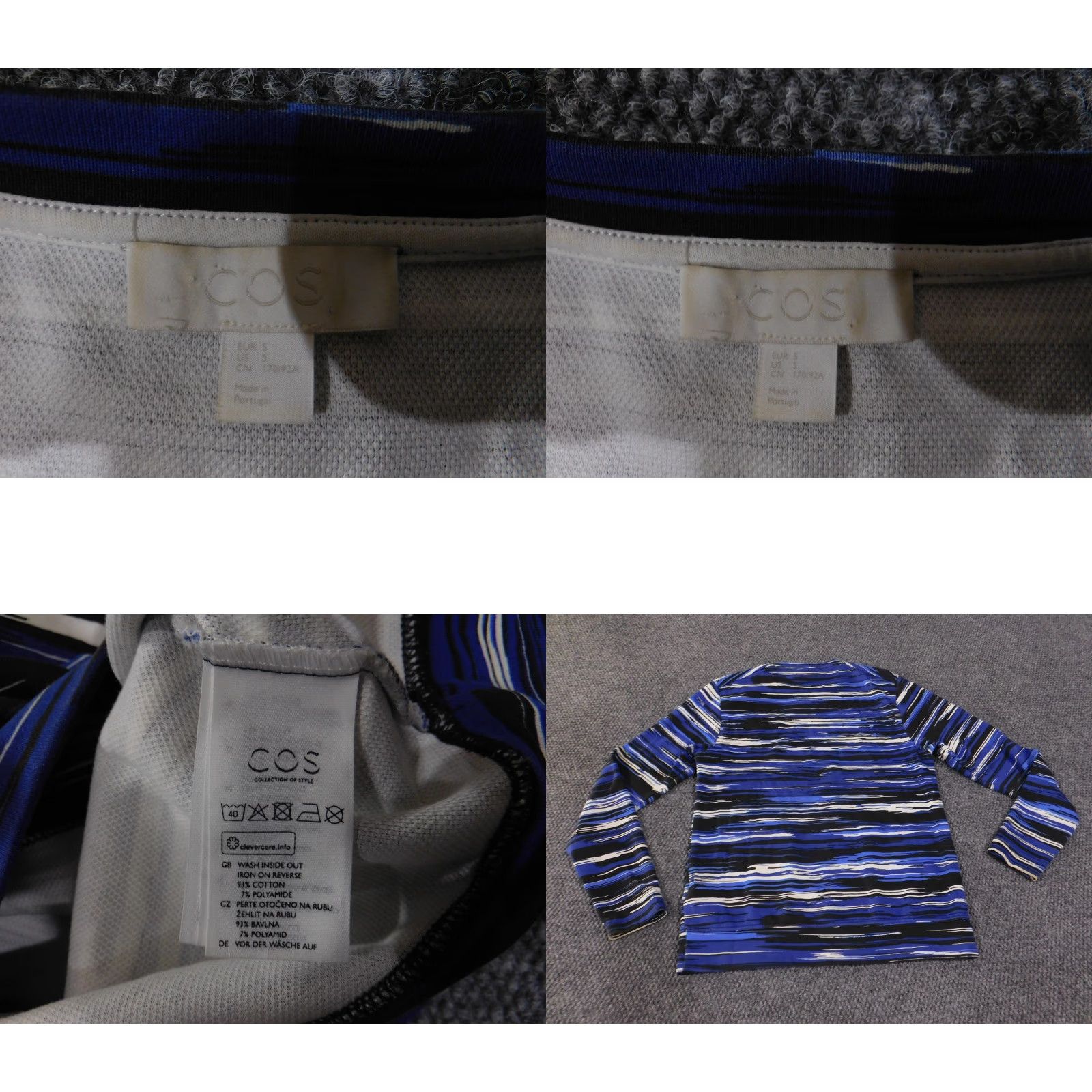 Cos COS Shirt Mens Small Striped Long Sleeve Modern Pattern Portugal Blue Black White Crew Neck T-Shirt Patterned Mens Regular Fit Size US S / EU 44-46 / 1 - 8 Thumbnail