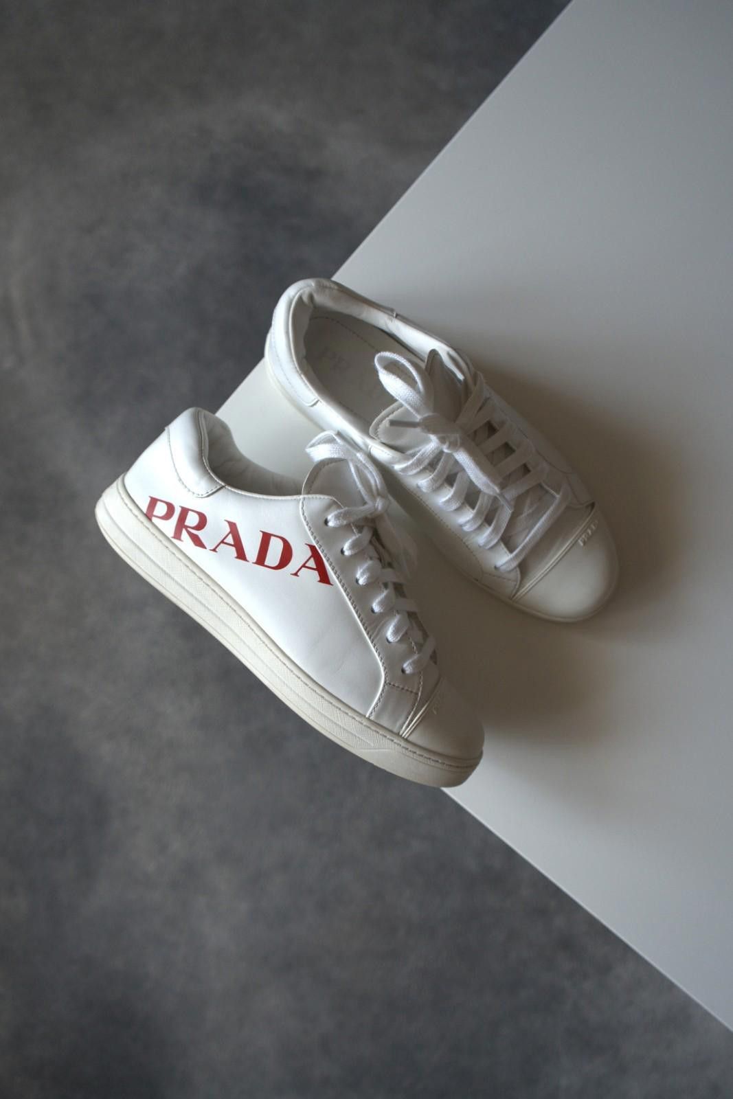 Prada Prada Logo Leather Low Sneakers White / Red Women US8.5 Size US 6 / IT 36 - 1 Thumbnail