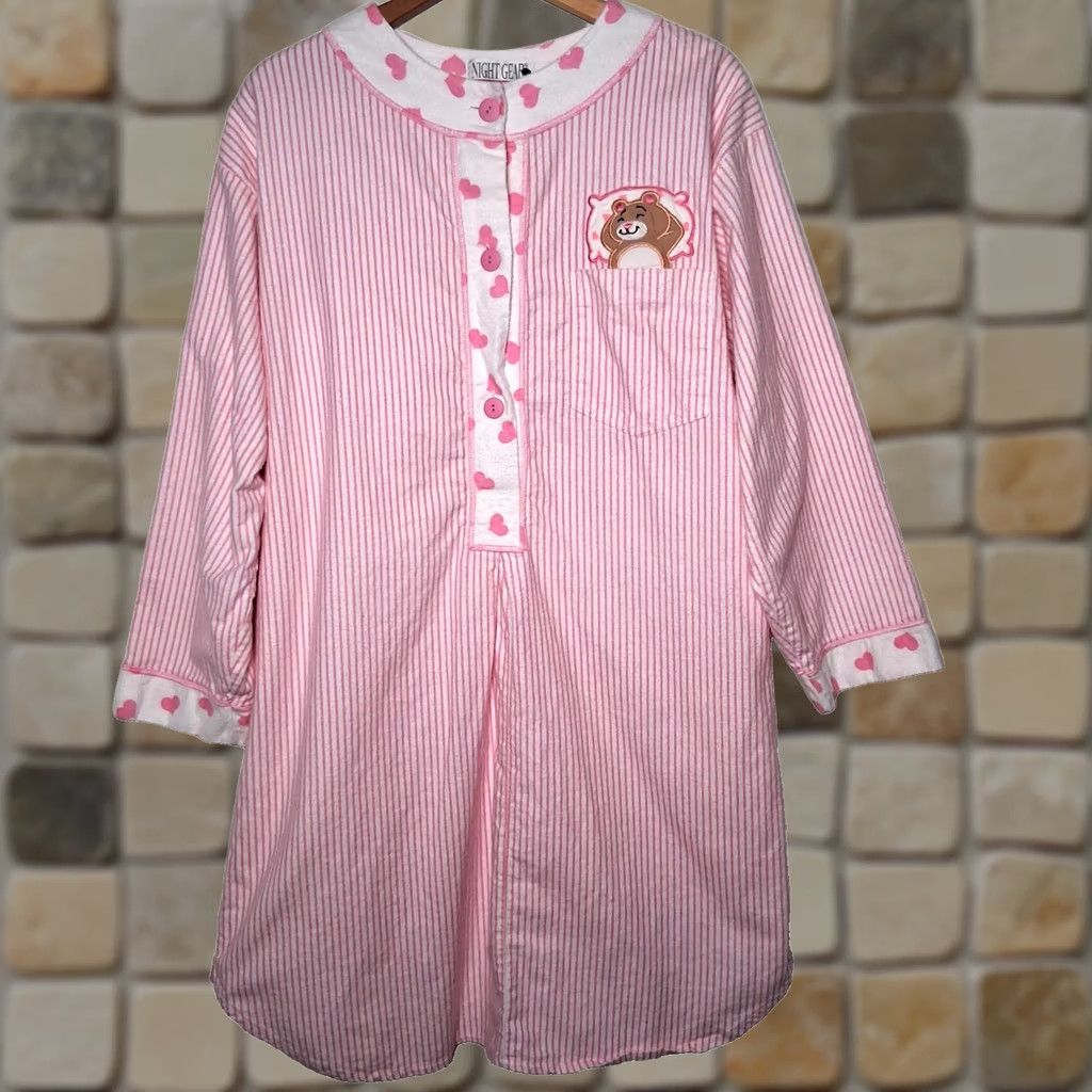 Vintage VINTAGE Night Gear Nightgown M Pink Stripe Flannel Hearts Bear Women Size ONE SIZE - 1 Thumbnail