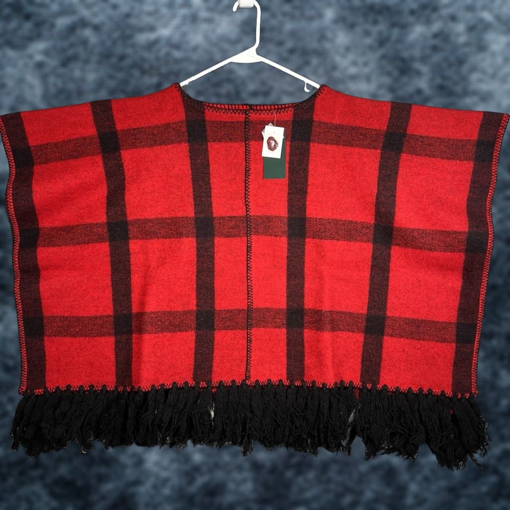 Ralph Lauren NWT! Lauren Ralph Lauren S/ M Red Plaid Fringe Poncho Cape Pullover Wool Blend Size S / US 4 / IT 40 - 1 Thumbnail