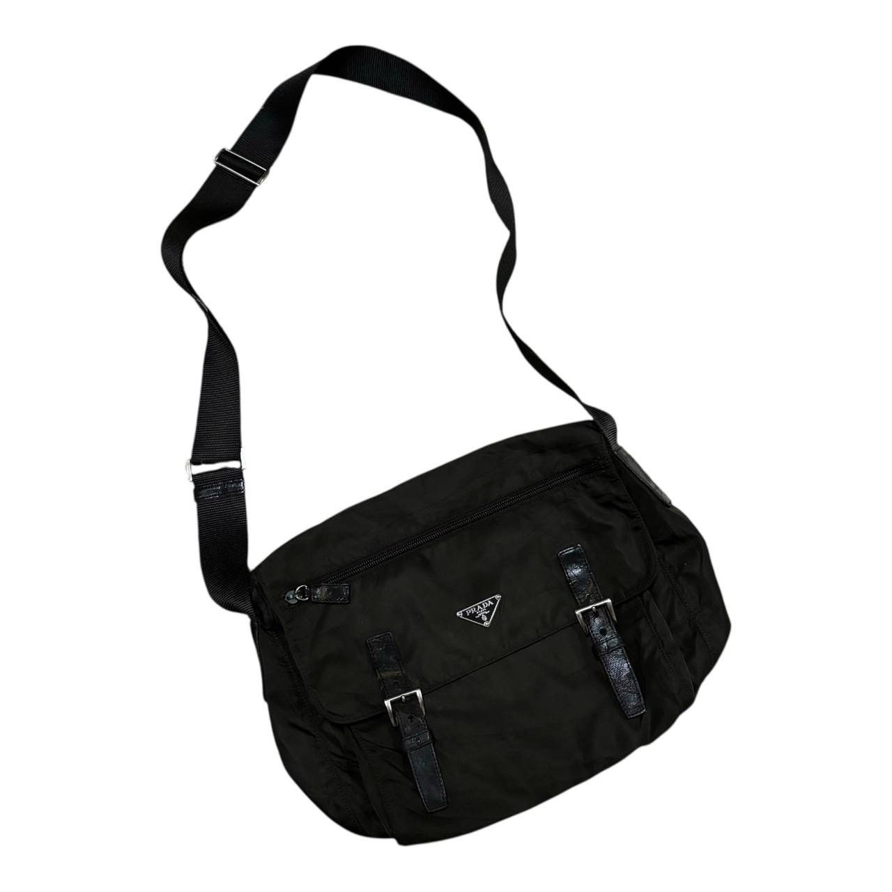 Vtg Prada Vela Nylon Messenger Bag Black Buckle Crossbody