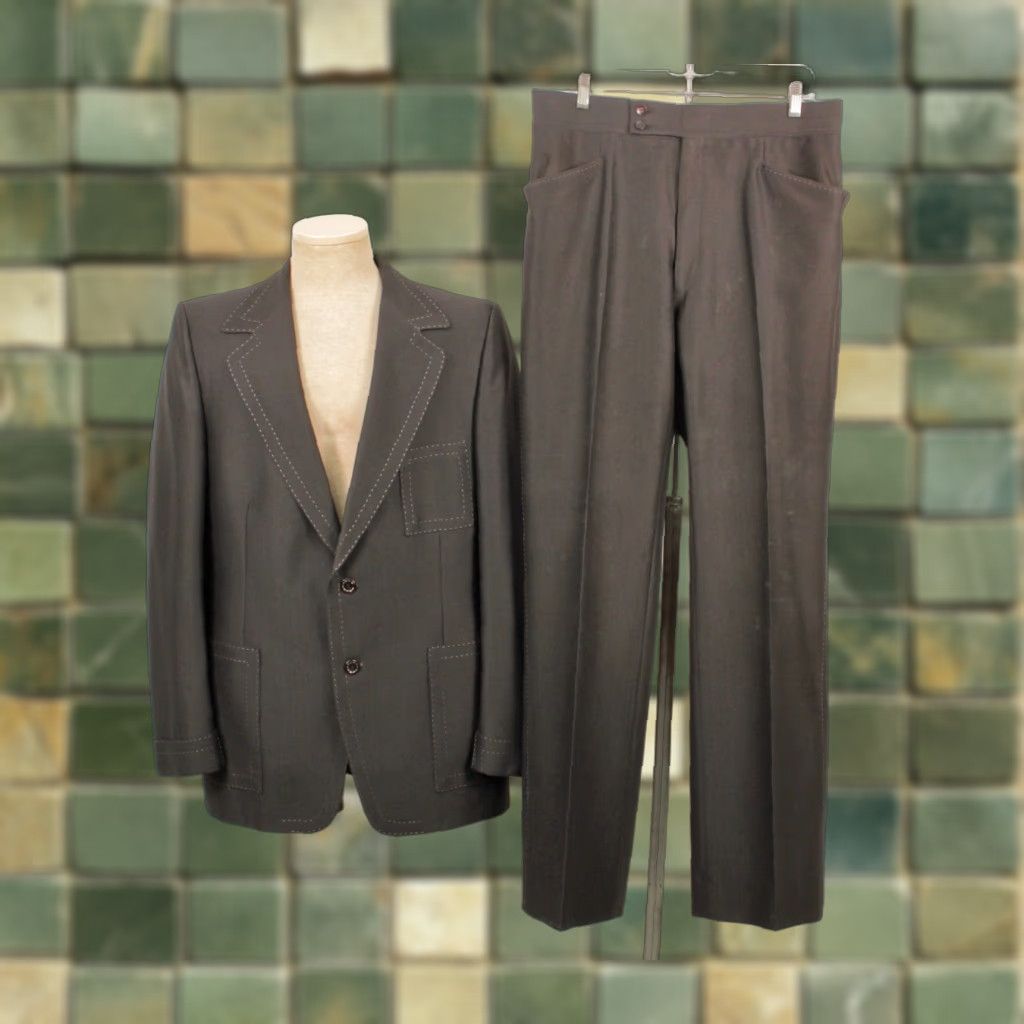 Vintage VINTAGE Mens VTG 70s 2 PC Black Polyester Leisure Suit W Tie Sz M 1970s Disco Size 40R - 1 Thumbnail