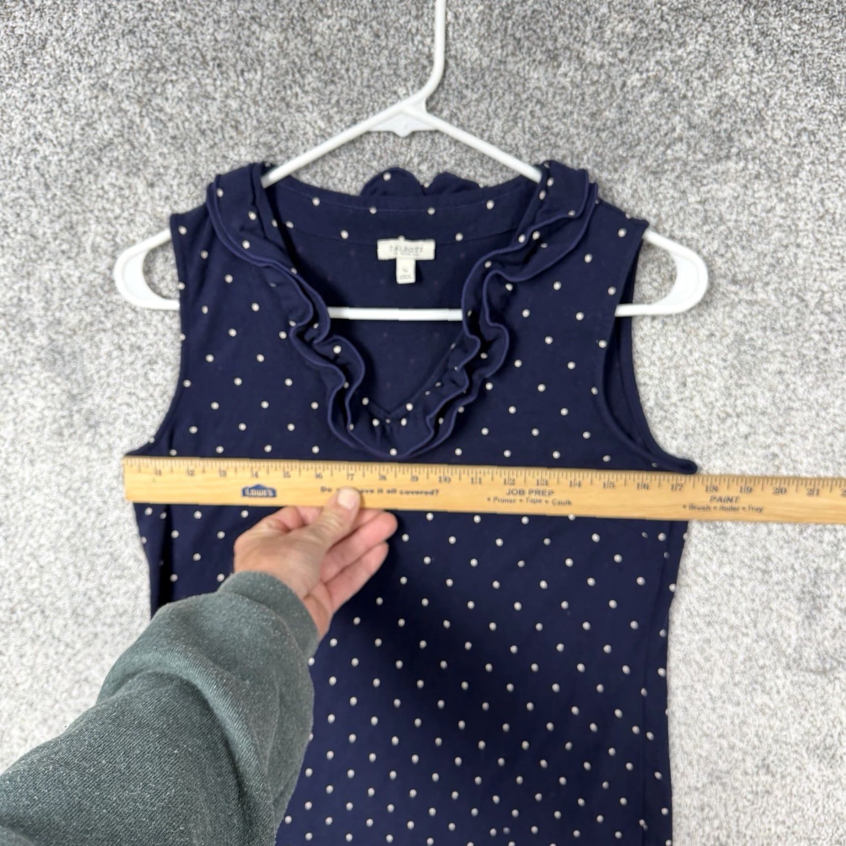 Talbots Talbots Dress Petite Small Polka Dot Ruffle Trim Retro Office Chic Sleeveless V-Neck Knee Length Cotton Spandex Sheath Blue Womens Size S / US 4 / IT 40 - 5 Thumbnail
