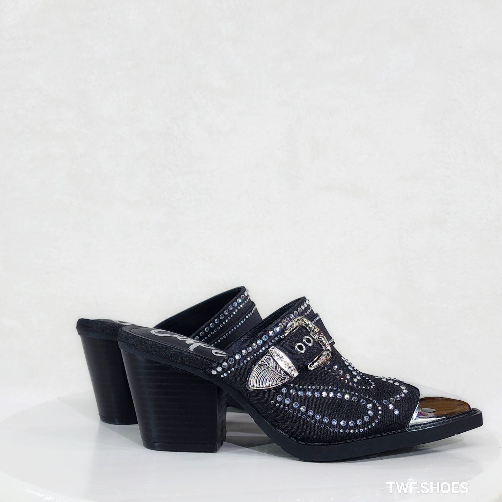 Other Vive Western Slip On Mules Black Denim Rhinestones Metal Toe Size US 7 / IT 37 - 4 Thumbnail