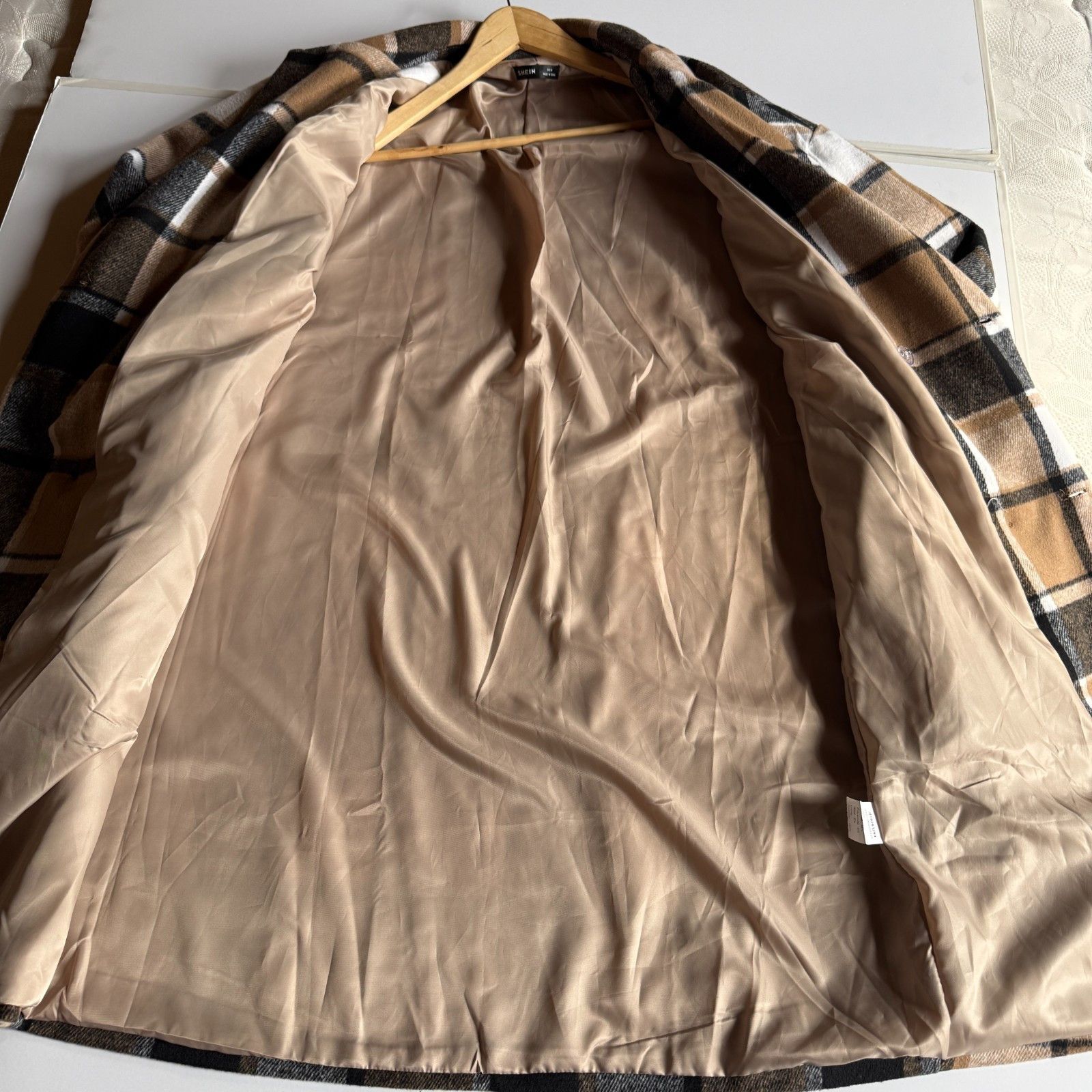 Shein SHEIN Plaid Tan/ Black Long Double Breasted Coat Size US M / EU 48-50 / 2 - 6 Thumbnail