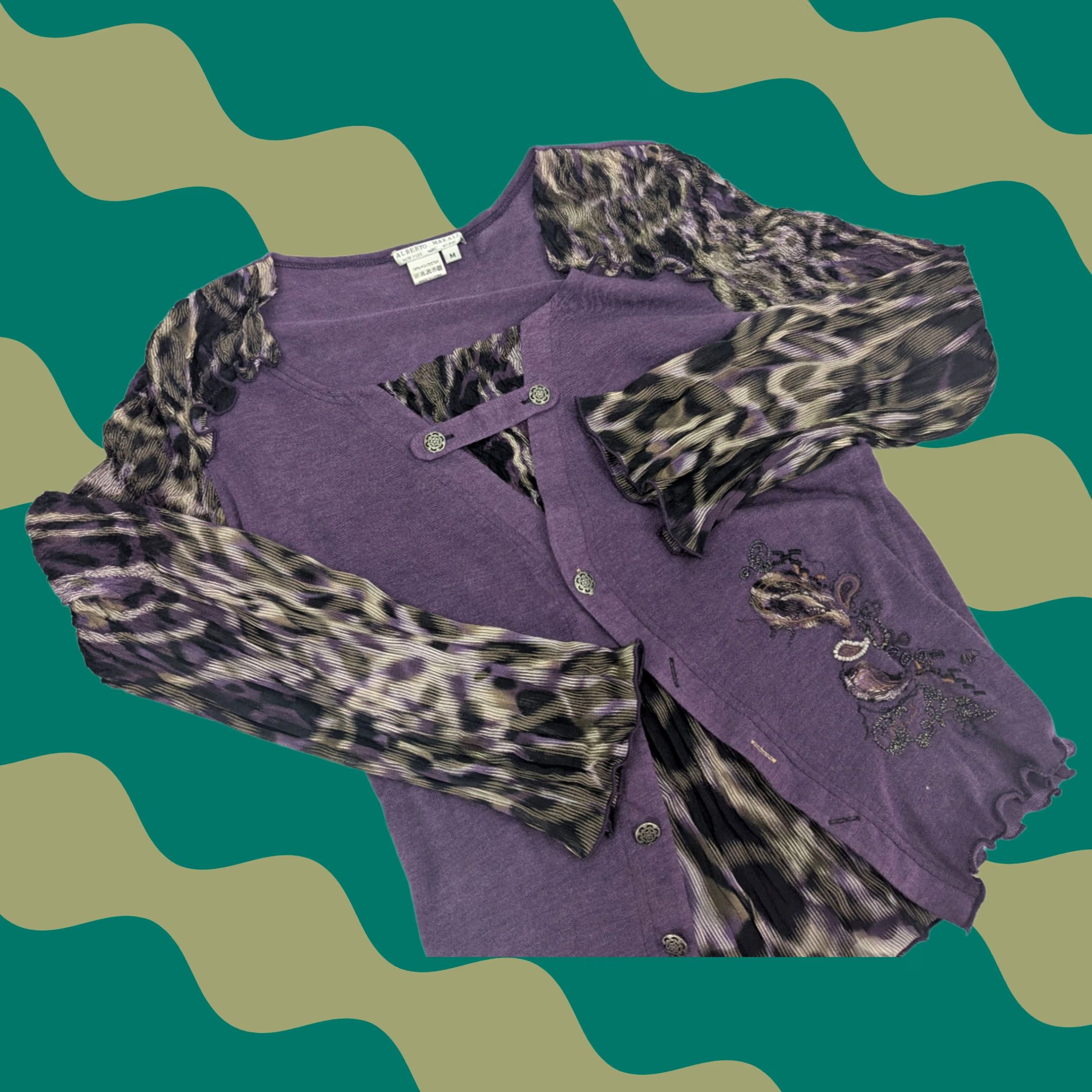 Vintage Alberto Makali Blouse Woman's M Crinkle Animal Print Sleeve Scoop Neck Pullover Casual Party Travel Purple Polyester Regular Womens Size M / US 6-8 / IT 42-44 - 1 Thumbnail