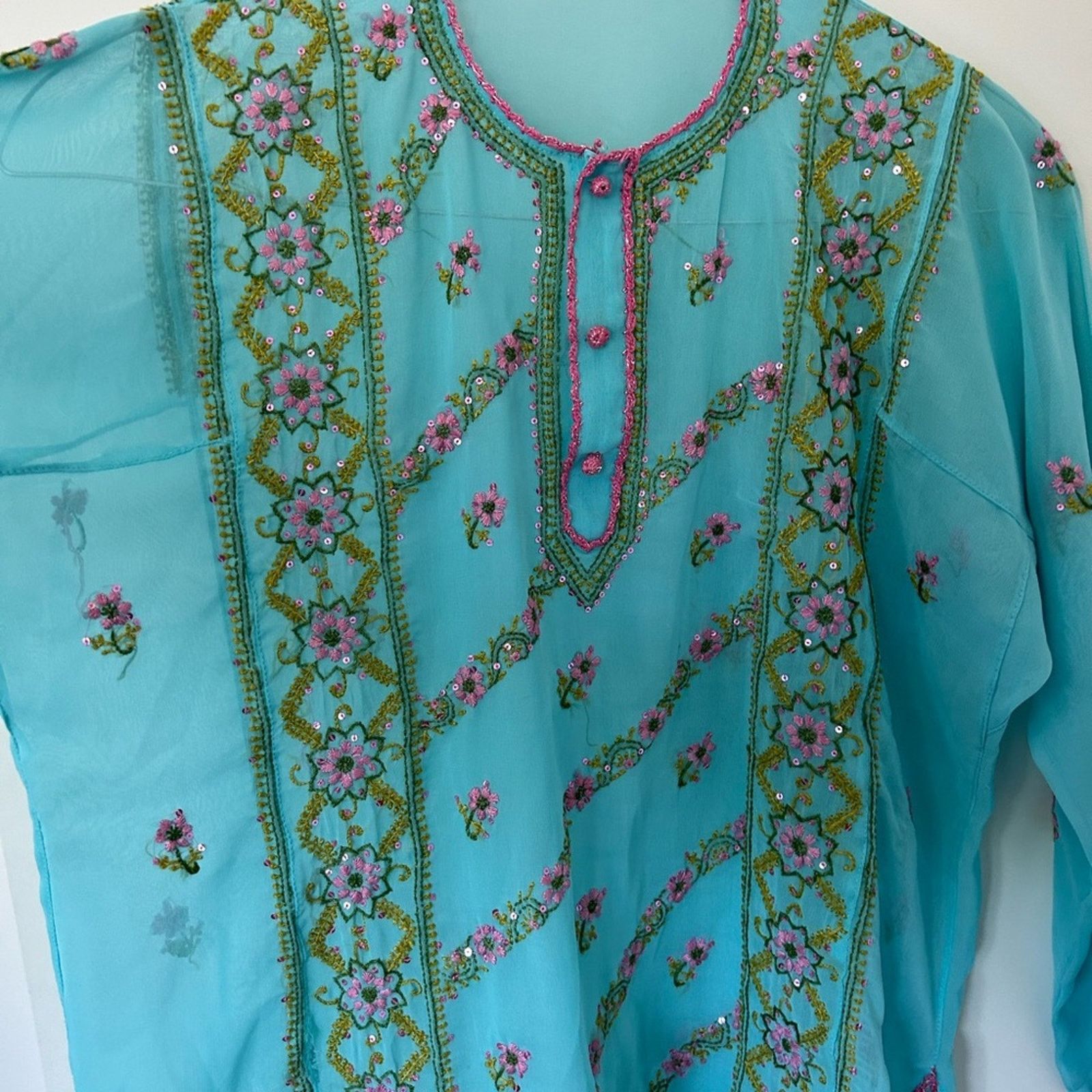 & Other Stories Sheer blue with pink embroidery women’s large kurta top Size M / US 6-8 / IT 42-44 - 5 Thumbnail