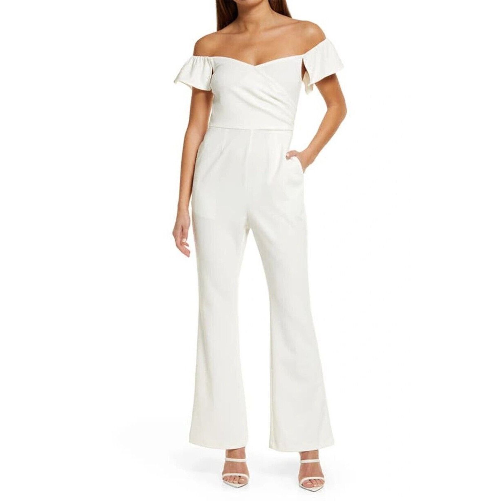 The Unbranded Brand Chelsea 28 Women Ivory Off the Shoulder Jumpsuit Size S Size 28" / US 6 / IT 42 - 1 Thumbnail